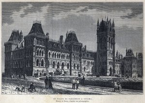 Descubrir Canadá: El Palacio del Parlamento en Ottawa. Dibujo de Deroy a partir de una fotografía. Grabado de finales del siglo XIX en 