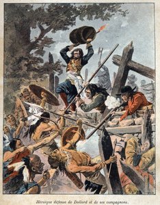 Descubrimiento de Canadá: defensa de Adam Dollard des Ormeaux (1635-1660) y sus compañeros contra los indios iroqueses de América para proteger su campamento en 1657. Grabado de finales del siglo XIX en "La nouvelle France" de Eugene Guenin de French School