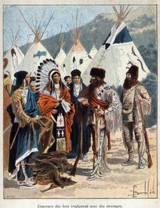 Descubrir Canadá: los coureurs de bois, involucrados en el comercio de pieles con los indios de América, comerciando pieles de animales en el siglo XVII. Grabado de finales del siglo XIX en 