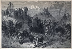 Descubrimiento de Canadá: la danza del bisonte en los Mondanes. Grabado de finales del siglo XIX en "La nouvelle France" de Eugene Guenin.