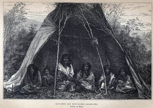 Descubrir Canadá: indios americanos viviendo en las Montañas Rocosas. Grabado de finales del siglo XIX en 