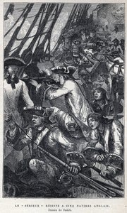 Descubrimiento de Canadá: Jacques Pierre de Taffanel de la Jonquiere (1685-1752) oficial naval francés al frente del barco francés "Le serieux" resistió a cinco barcos ingleses. Dibujo de Sahib. Grabado de finales del siglo XIX en "La nouvelle France" de E de French School