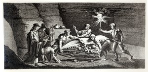 Descubrimiento de los huesos de un animal prehistórico, ilustración de Histoire naturelle de la Montagne Saint-Pierre de Maastricht por Barthelemy Faujas de Saint Fond (1743-1819) 1799 de French School