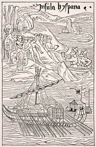 Descubrimiento de Santo Domingo, Insula Hyspana, por Cristóbal Colón, Facsímil de un grabado en madera de la Epistola Christoferi Colom, de Science and Literature in The Middle Ages por Paul Lacroix pub. Londres 1878