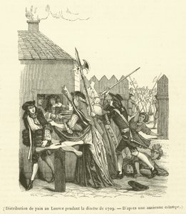 Distribución de pan en el Louvre durante la escasez de alimentos de 1709 (grabado)