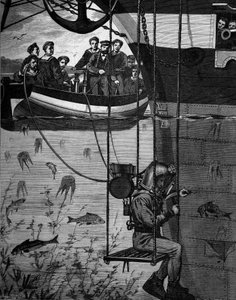 Aparato de buceo: el escafandrista en acción. de French School