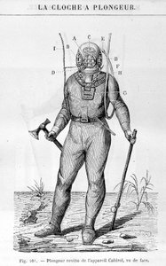 Campana de buzo: Buzo cubierto con dispositivo de Cabirol. En "Las maravillas de la ciencia" de Louis Figuier de French School