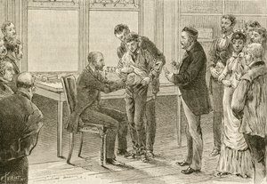 El doctor Pasteur examinando a un niño infectado de rabia. Siglo XIX (grabado) de French School