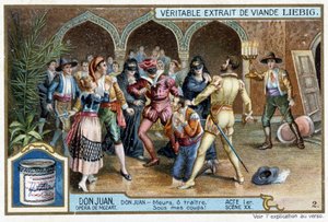 Don Juan: Acto I, Escena XX, Don Juan en el baile de máscaras - cromo Liebig