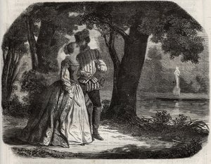 Don Juan discutió con Ana de Austria (1549-1580) su posible unión con el Príncipe Don Carlos (1545-1568), hijo del Rey Felipe II de España (1527-1598). Grabado de 1871 en "Histoire Des Cocus Celebres" de Henry de Kock (1819-1892)
