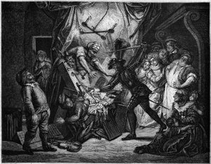 Don Quijote lucha contra los títeres que cree que son moros. Grabado por V. Beauce después de la pintura de Charles Antoine Coypel ilustrando la novela de Cervantes. En “Le Magasin picturesque” de French School