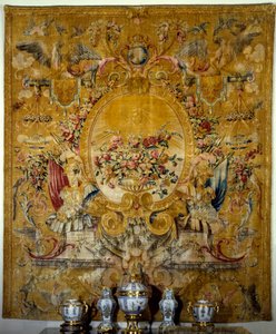 Cartel de la góndola del rey. Tapiz de seda realizado en el taller de Louis Dupont después de un cartón de Jean Lemoyne. Alrededor de 1682-1685. París. Museo del Louvre de French School