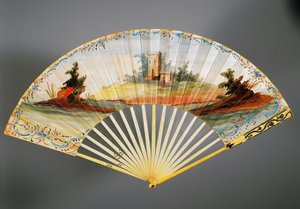 Abanico de doble hoja pintado con escena pastoral, costillas de marfil y plata, ca 1760, reverso, Francia de French School