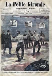Caso Dreyfus: el duelo entre los tenientes coroneles Georges Picquart (1854-1914) y Hubert Henry (1846-1898) en la escuela militar de París. Portada de "La petite Gironde" de marzo de 1898 (grabado)