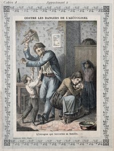 Borracho aterrorizando a su familia, portada de un cuaderno escolar. c.1900 de French School