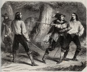 Duelo a espada entre el Vizconde de Cahuzac y el Marqués de Gesvres, de quien la reina de Francia Ana de Austria está enamorada, en los bosques de Vincennes. Siglo XVII. Grabado de 1871 en “Histoire Des Cocuses Celebres” de Henry de Kock