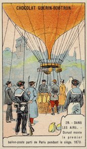 Duruof realizando el primer vuelo postal en globo durante el Sitio de París de French School