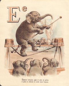 E: Elefante, equilibrista intrépido elefante, ágil y lleno de gracia, apenas relaja la cuerda en el espacio