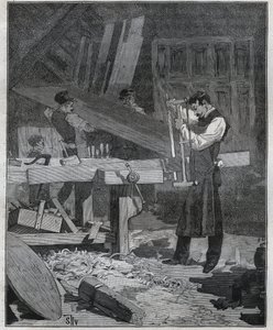Ebanistería: trabajador ebanista partiendo una tabla en el taller. Grabado de 1885 en “Les arts et metiers illustres” por Adolphe BITARD. de French School