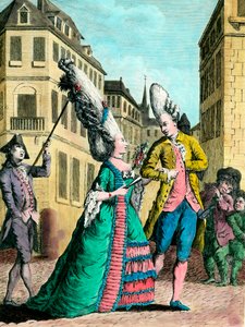 Peinados excéntricos en el siglo XVIII: la mujer francesa en el paseo. Grabado del siglo XVIII. Colección privada. de French School