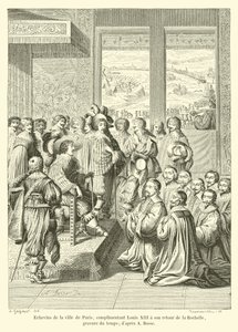 Concejales de la ciudad de París, felicitando a Luis XIII a su regreso de La Rochelle, grabado de la época; según A Bosse de French School