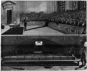 Experimento de luz eléctrica realizado en 1813 por Humphry Davy (1778-1829), en su curso de química en la Royal Institution de Londres (Inglaterra). Grabado en "La Nature. Revue des sciences et de ses applications aux arts et a l
