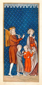 Elimelec y su esposa Noemí con sus dos hijos dejando Belén después de una hambruna, copia de una miniatura del siglo XVI de French School