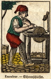 Emouleur (consiste en afilar objetos con la rueda de afilar); Serie sobre oficios, imagen de Épinal del siglo XIX.