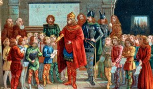 El emperador Carlomagno visitando una escuela, su interés por la educación y el aprendizaje y el mecenazgo de eruditos ha hecho que se le considere el mecenas de las escuelas.