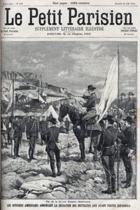 Fin de la Guerra Hispano-Estadounidense en 1898. Oficiales estadounidenses anunciando el cese de hostilidades en los puestos avanzados españoles. Grabado en “Le petit parisien” de 1898. de French School
