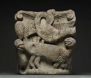 Capitel comprometido con una criatura fantástica y tres pájaros, principios de 1100s de French School