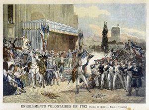 Enrolamiento de voluntarios en 1792 (grabado en color) de French School