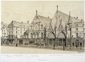 Entrada del Hotel-Dieu (Hotel Dieu), rue du Marche Palu, en 1590 - en “París a través de los siglos” de French School