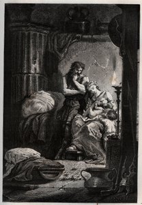 Eponina y su esposo Julio Sabino (muerto en 78 d.C.) viviendo clandestinamente en una cueva para escapar del emperador Vespasiano (9-79) - Sabino y su esposa Eponina, escondidos en una cueva - grabado de 