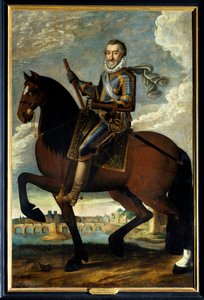 Retrato ecuestre de Enrique IV (1553-1610) rey de Francia frente al Pont Neuf en París. Pintura anónima del siglo XVII. Mención obligatoria: Sully sur Loire, Chateau de Sully