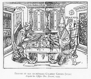 Erasmo y su secretario Gilbert Cousin (xilografía) de French School