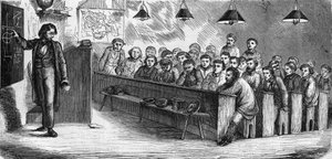 Clase nocturna en una escuela pública para adultos en París en 1858