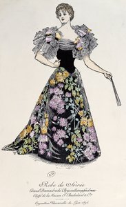 Vestido de noche en damasco con brocado de crisantemo sobre fondo negro, 1894 de French School