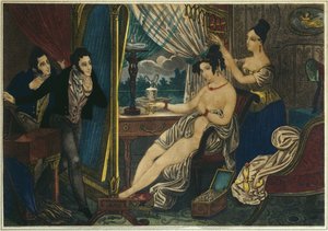 Tarde, el aseo antes del baile, principios del siglo XIX (grabado en color) de French School