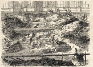 Excavaciones en la Cour Carrée del Louvre - Descubrimiento de los cimientos de la antigua torre de Philippe Auguste - Excavaciones ejecutadas en el patio del Louvre - actualización de los cimientos de la antigua Torre Philippe-Auguste - Grabado en 