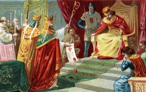 Excomunión de Roberto II el Piadoso en 998. El Rey de Francia, hijo de Hugo Capeto, se enamora y se casa con su prima Berta de Borgoña a pesar de la desaprobación del Papa Gregorio V, quien también lo excomulga. Cromolitografía de finales del siglo XIX