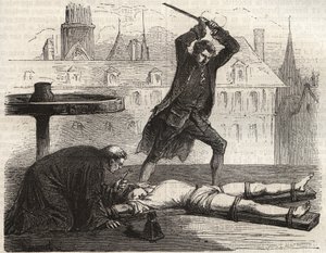 Ejecución (Le torice de la roue) del envenenador Antoine-François Desrues (1744-1777) en la Place des Grèves en París en 1777 - Castigo de Desrues, roto en la rueda en la Place de Grève en París de French School