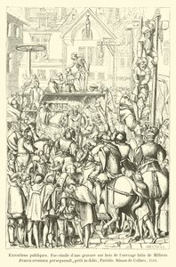 Ejecuciones públicas, facsímil de una xilografía de la obra latina de Millaeus, Praxis criminis persequendi, pequeño infolio, París, Simon de Colines, 1541 de French School