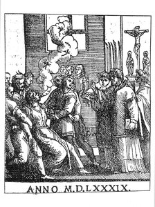 Escena de exorcismo en 1589 de French School