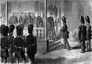 Expedición de México (1861-1867): Napoleón III (1808-1873) entrega a los sargentos de los regimientos de granaderos de la guardia las banderas tomadas por el ejército francés en México de French School