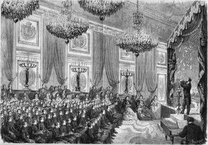 Experimentos de física realizados por Henri Robin (hacia 1803-1874) en honor a los mejores alumnos de los Liceos de París, un espectáculo ofrecido por el Príncipe Imperial en el Palacio de las Tullerías, el 27 de enero de 1865. Están presentes: el Príncipe de French School