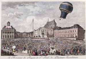 Experimento en Versalles de los hermanos Montgolfier con el vuelo en un globo aerostático Montgolfière de un gallo, un pato y una oveja el 19 de septiembre de 1783 de French School
