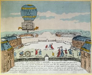Experimento en Versalles de los hermanos Montgolfier con el vuelo en un globo aerostático Montgolfière de un gallo, un pato y una oveja el 19 de septiembre de 1783 de French School