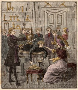 Experimento sobre la electricidad por el abate Jean Antoine (Jean-Antoine) Nollet (1700-1770) - Experimento eléctrico realizado en un hombre por el abate Jean Antoine Nollet (1700-70) en un gabinete de física - Grabado en “Sciences à la gratete de tous - p de French School