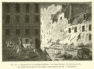 Explosión de la máquina infernal, calle Saint-Nicaise, el 3 nivose año IX, facsímil de un grabado de la época comunicado por M A Bonnardot de French School